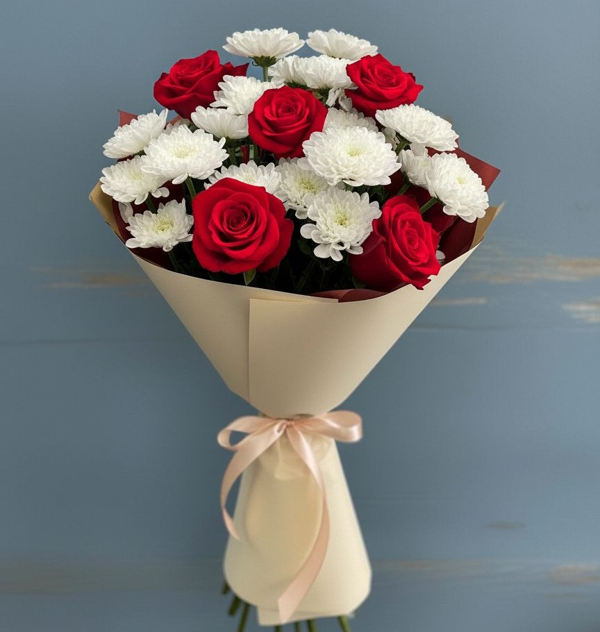 Букет цветов из: Розы и Хризантемы в Спицевке