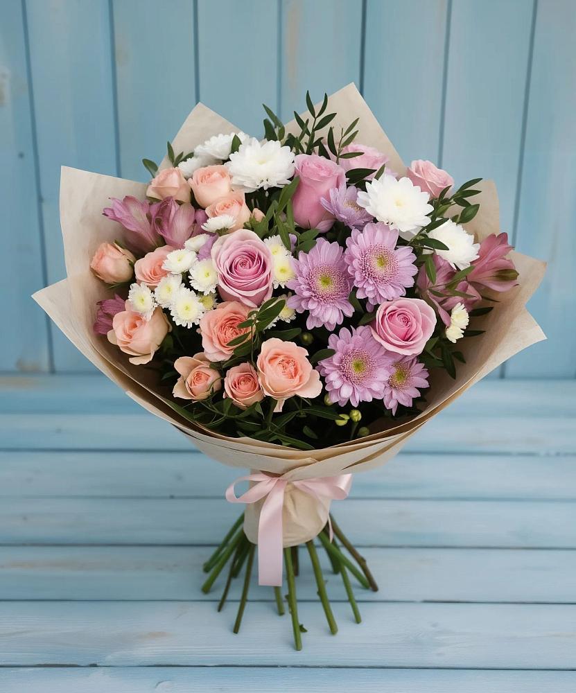 Букет цветов из: Хризантемы, Розы и Альстромерии в Спицевке