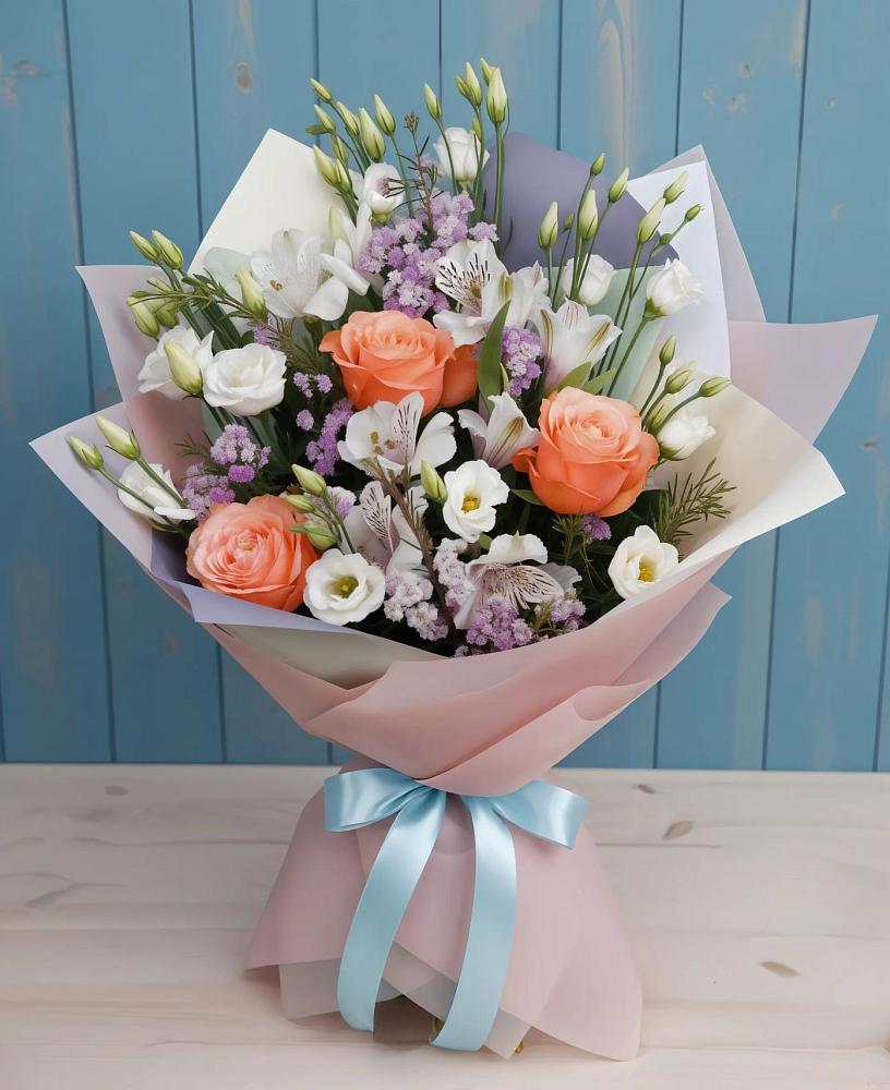 Букет цветов из: Лизиантусы, Розы, Альстромерии и Гипсофила в Спицевке