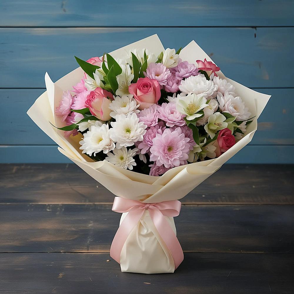 Букет цветов из: Хризантемы, Альстромерии и Розы в Спицевке